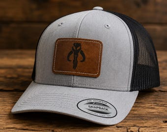 Mandalorian Mythosaur Laser Engraved Faux Leather Patch Retro Snapback Mesh Hat | Star Wars Inspired Trucker Cap