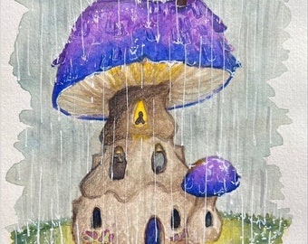 May include: A watercolour painting of a mushroom house with a purple and blue cap. The house has a brown door and windows. It is raining outside and there are puddles on the ground.