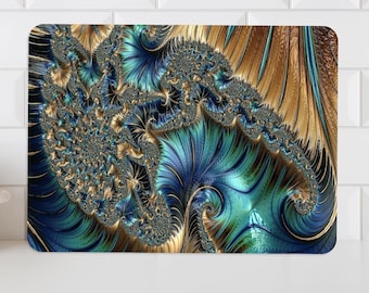 May include: Abstract art print featuring swirling patterns in shades of gold, blue, and green. The design resembles a fractal or a kaleidoscope.