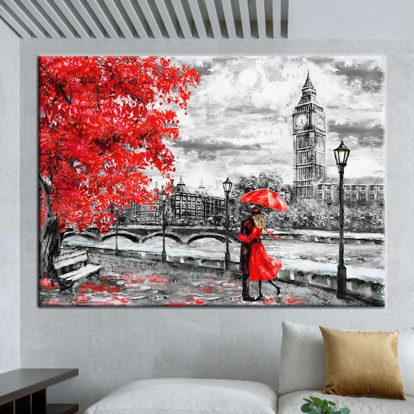 Big Ben und romantisches Paar, Das Paar unter rotem Regenschirm, romantische Wandkunst, Big Ben Landschaft, London Wandkunst, abstrakte Wandkunst,