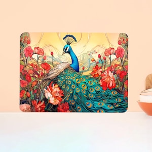 Tabla de cortar de vidrio, tabla para servir de manera saludable, tabla para servir con patrón de pavo real, tabla de cortar de pavo real, tabla de cortar de vidrio, estampado de pavo real,