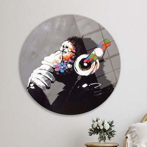 Banksy Tempered Glass, Banksy Monkey Glass Printing, Graffiti Monkey Tempered Glass, Music Lover Monkey Wall Decor, Street Wall Decor,
