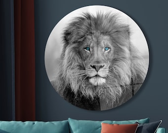 Blue Eyed Lion Wandkunst, Tier gehärtetes Glas, Wildtier Wanddekor, Loft Glaswandkunst, Wilder Löwe Glasdruck, Wildtier Glaswand A