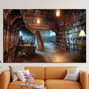 Arte mural de vidrio de biblioteca vintage, decoración de estanterías antiguas, impresión retro para sala de lectura, decoración acogedora de pared de biblioteca para el hogar