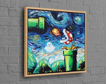 Modern Starry Night Wall Art, Super Mario  Canvas Art, Van Gogh Mario Canvas Art, Mario Starry Night Artwork, Abstract Artwork,