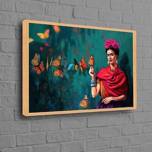 Frida And Butterflies Wall Decor, Frida Canvas, Modern Printed, Woman Wall Decor, Frida Pink Flowers Painting, Butterfies Wall Decor, Frida