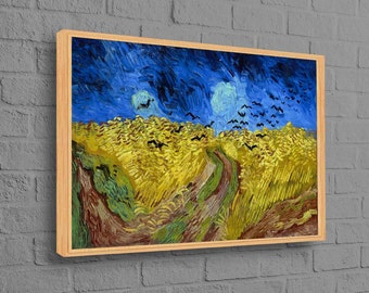 May include: A painting of a field of wheat with a winding path leading to a distant horizon. The sky is a vibrant blue with swirling clouds and a bright moon. A flock of birds flies across the sky.