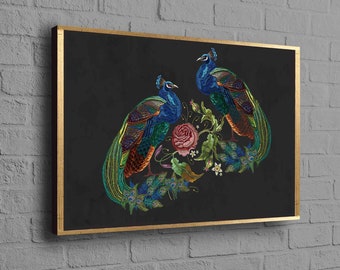 Embroidery Peacock Canvas Print, Vintage Artwork, Peacock Poster, Abstract Canvas, Embroidery Wall Decor, Modern Wall Decor,