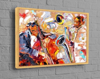 Afrikanische Musiker Malerei, Jazz Wandkunst, Afrikanische Jazz Leinwand, Musikzimmer Wandkunst, Ölgemälde Druck, Cello und Saxophon,Wand Kunst Leinwand