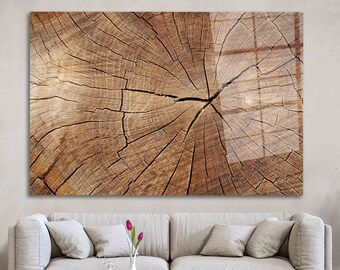 Vidrio templado con textura de madera, vidrio contemporáneo, vidrio de madera abstracto, vidrio con anillos de árboles, vidrio templado moderno, arte mural de vidrio marrón.