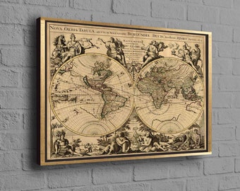 Impression sur toile de carte du vieux monde, illustration de carte ancienne, toile d’art de carte du vieux monde, toile de carte vintage, art de carte du monde antique, carte imprimée,