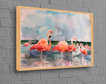 Flamingo Painting, Abstract Art Canvas, Pink Flamingo Printed, Flamingo Wall Art, Watercolor Canvas Art, Animal Printed, Tropical Wall Art,