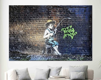 Banksy Fishing Boy, Abstract Canvas, Fishing Banksy Artwork, Graffiti Wall Art, Street Canvas, Painting Canvas, Banksy Art,