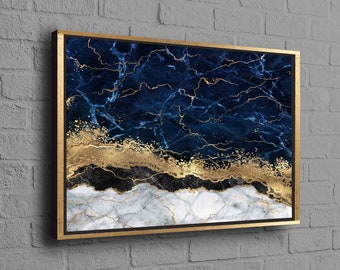 Decoração de mármore moderna, mármore azul marinho, tela de mármore dourada, impressão dourada, arte de parede de luxo, tela com moldura dourada, tela de mármore, decoração de casa em mármore,