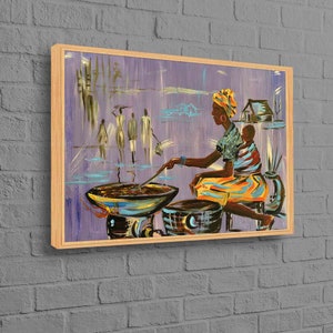 African Mother Cooking, Ethnic Art Canvas, Black Woman Canvas, African Woman Cooking Wall Decor, Abstract Canvas,