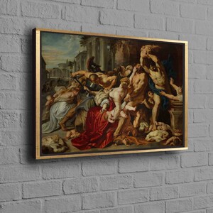 Pode incluir: Uma pintura que retrata uma cena ca&oacute;tica de viol&ecirc;ncia e derramamento de sangue.  A pintura &eacute; dominada por um grupo de figuras, algumas das quais est&atilde;o atacando outras com espadas e outras armas.  A cena se passa em uma rua da cidade, e h&aacute; edif&iacute;cios e outras estruturas no fundo.  A pintura &eacute; feita em um estilo realista, e as cores s&atilde;o apagadas e terrosas.