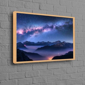 Arte de pared del cielo, arte de lienzo nocturno, póster de niebla, impresión de la Vía Láctea, lienzo de paisaje, póster sobre las nubes, lienzo de arte de nubes, arte de lienzo de montaña,