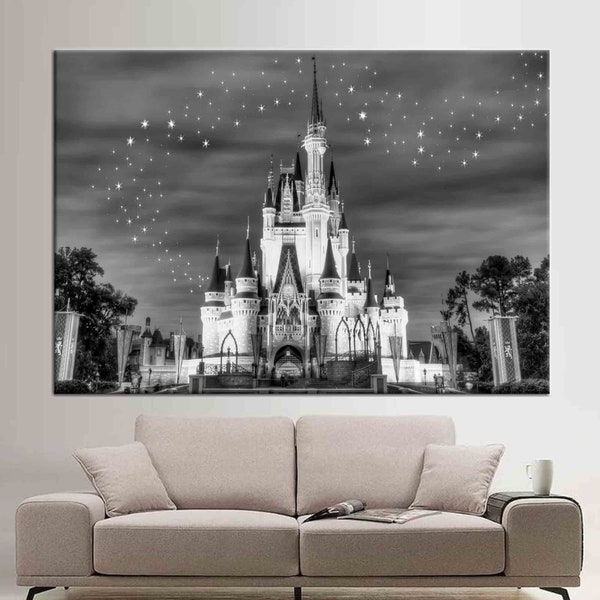 Cinderella Castle, Disneyland Wall Decor, Starry Sky Poster, Girl Room Wall Decor, Night Landscape Canvas, Kids Wall Decor,