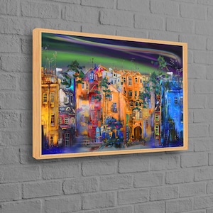 Street Silhouette Painting, Landscape Wall Art, Oil Painting Print, View Wall Decor, Cityscape Painting Canvas, Street Landscape Art,