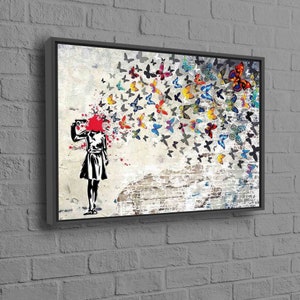 Banksy Girl Canvas, Banksy Head Shot Art, Butterfly Girl Suicide Wall Art, Street Printed, Banksy Canvas, Abstract Art Canvas, Butterfly Art