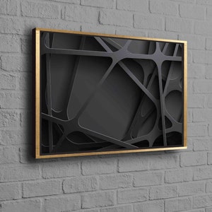 May include: Black and gold abstract wall art with a geometric design. The art features a series of intersecting lines and shapes, creating a modern and stylish look.
