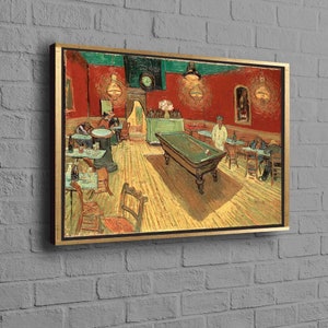May include: A painting of a barroom with a pool table in the center. The walls are red and the floor is wood. There are people sitting at tables and a man standing by the pool table. The painting is in a style similar to Vincent van Gogh.