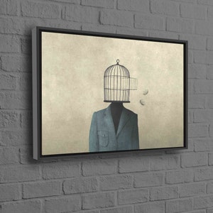 Man With Open Birdcage Over His Head, Freedom Artwork, Abstract Canvas Art, Surreal Poster, Modern Canvas, Surrealism Wall Decor,