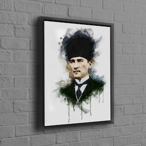 Mustafa Kemal Atatürk Wall Art, Ataturk Painting, Atatürk Artwork, Watercolor Canvas, Office Poster, Motivation Canvas, Turkish Canvas, Black Framed