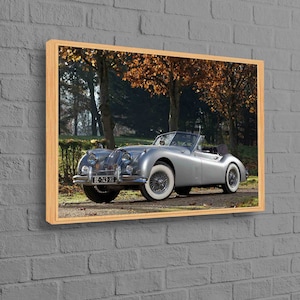 Jaguar Gedruckt, Auto Foto Kunstwerk, Auto Kunst Leinwand, Retro Auto Wandkunst, 1954 Jaguar Leinwand, Herbstlandschaft Gedruckt, Altes Auto Leinwand,
