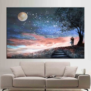 Couple Artwork, Moon Landscape Printed, Starry Sky Printed, Couple Gift Printed, Lover Gift Canvas Art, Moon Printed, Romantic Couple Canvas