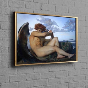 May include: A painting of a winged angel with a sorrowful expression, sitting on a rock with a dark blue and black wing. The angel is nude and has a muscular build. The background is a light blue sky with white clouds and a distant landscape.