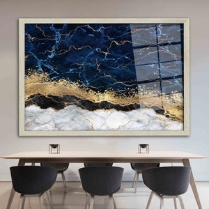 Alcohol Ink Glass Printing, Navy Blue Wall Decor, Contemporary Wall Art, Marble Glass Wall Art, Abstract Glass Decor, Gold Glass Wall Art,