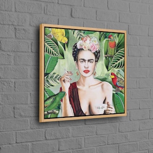 Taza de té de Frida, Frida fumando, obra de arte de mujer fumando, arte de pared de mujer, arte de pared de Frida, póster de Frida Kahlo, lienzo de fumar, lienzo de pájaros de la jungla