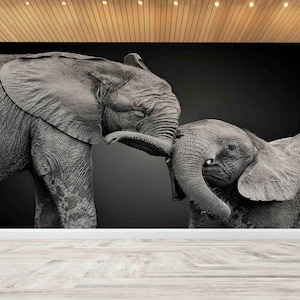 Stampa murale con elefante, cucciolo e mamma, adesivi murali selvaggi, adesivi murali con animali, adorabile murale murale con elefante, adesivo murale moderno, carta da parati con animali,