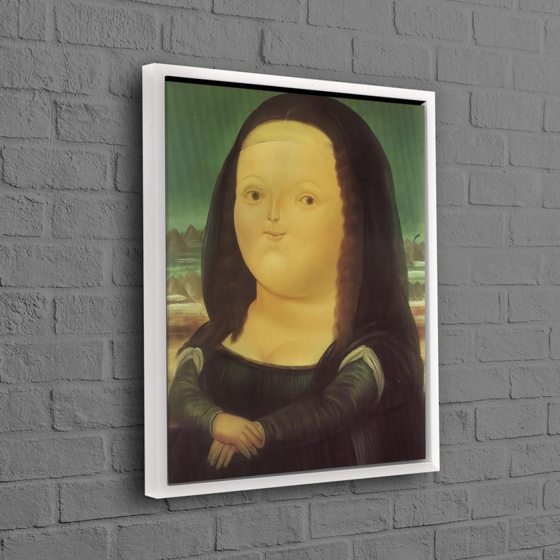 Prezent z płótna Fernando Botero, Mona Lisa autorstwa Fernando Botero na płótnie, Mona Lisa na płótnie, Słynny plakat, Spersonalizowany prezent dla mamy, White Framed