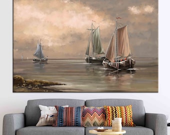 Vintage Sailing Boats Canvas Art, Serene Sea Painting, Nautical Wall Decor, Coastal Home Gift, Classic Marine Landscape Print, View Wall Art