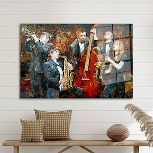 Saxophone Glass Decor, Musicians Glass Wall Art, Jazz Band Glass Wall Art, Colorful Musician Wall Decor for Music Room or Living Space