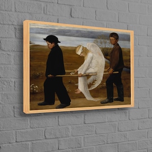 May include: A painting depicting three figures walking along a path. A winged angel in a white dress is being carried on a stretcher by two boys. The boy on the left is wearing a black suit and hat. The boy on the right is wearing a brown jacket and trousers. The painting is set against a backdrop of a cloudy sky and a body of water.