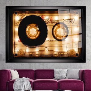Tempered Glass, Abstract Glass Art, Canvas Glass Art, Wall Art, Shining Audio Cassette Glass, Shining Audio Cassette, Modern Wall Art, Black Framed