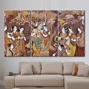 Arte de parede 3D, Arte de parede grande, Arte de parede para sala de estar, Deuses hindus Radha Krishna, Pôster de reprodução, Impressão em tela hinduísmo, Tela hindu imagem 3