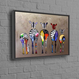 May include: A colorful painting of seven zebras standing in a row, facing away from the viewer. Each zebra has a unique pattern of black and white stripes, with splashes of bright colors like red, yellow, blue, and green. The zebras are painted on a light brown background.