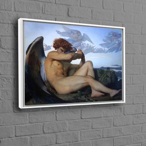 May include: A painting of a fallen angel with large, dark wings. The angel is nude and has red hair. The angel is sitting on a rock with a sorrowful expression. The background is a cloudy sky with other angels flying in the distance.