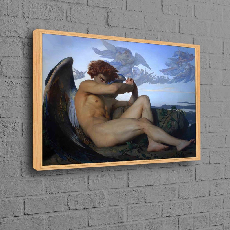 May include: A painting of a fallen angel with large, dark wings. The angel is sitting on a rock with a sorrowful expression on their face. The background is a blue sky with clouds and other angels.