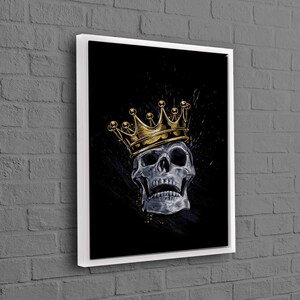 Skull King, Skeleton Art Canvas, Skull King Wall Decor, Black and Gold Art Canvas, Modern Canvas Art, Abstract Canvas Decor, White Framed