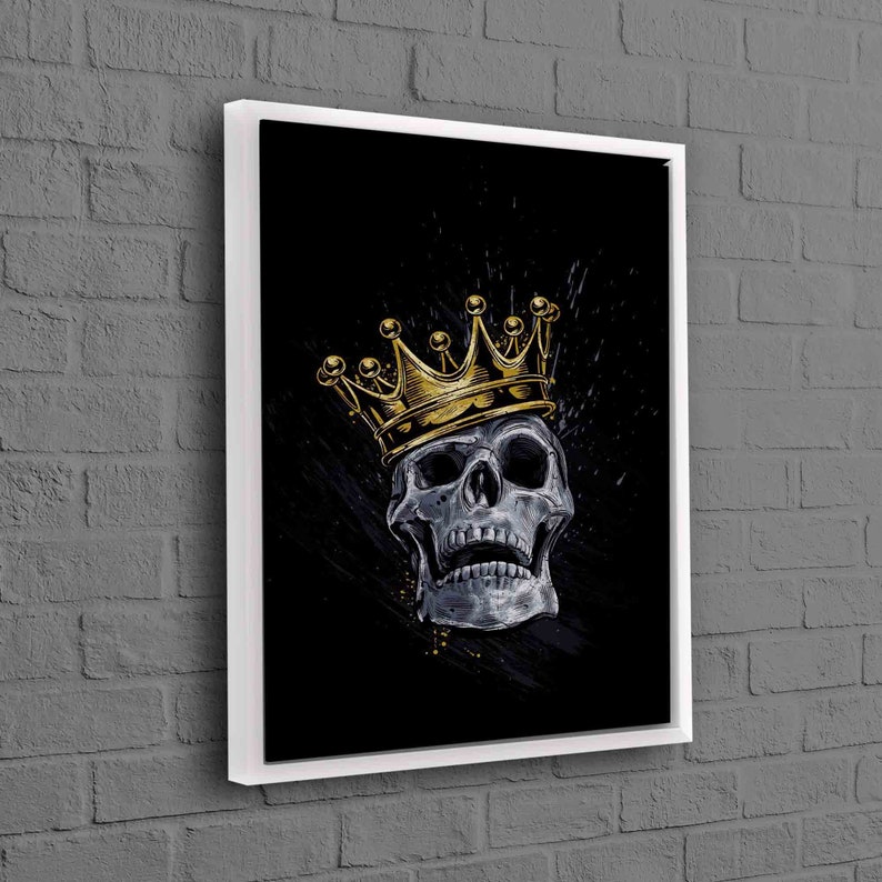 Skull King, Skeleton Art Canvas, Skull King Wall Decor, Black and Gold Art Canvas, Modern Canvas Art, Abstract Canvas Decor, White Framed
