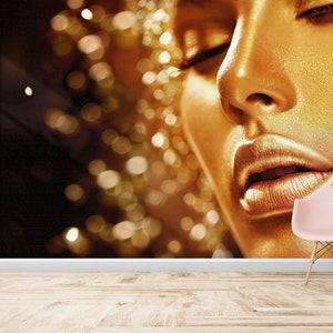 Goldene Frau Gesicht Wandkunst, Frau Gesicht Tapete, Gold Wand-Dekor, Frau digitales Papier, helle Tapete, moderne Wandkunst, 3D-Tapete,
