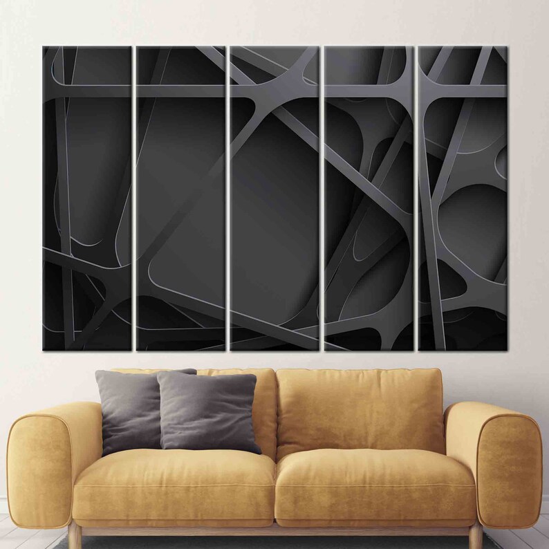 May include: Abstract art print featuring a black and gray geometric design with overlapping lines and shapes. The print is divided into five panels.