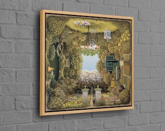 May include: A framed painting of a whimsical garden scene with a sky view through a circular opening in the foliage. The garden is filled with flowers, trees, and a small house. The painting is in a wooden frame.