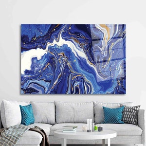 Navy Blue Marble Wall Art, Blue Marble Glass, Modern Glass Decor, Abstract Marble Glass Art, Gold Marble Glass Wall Art,