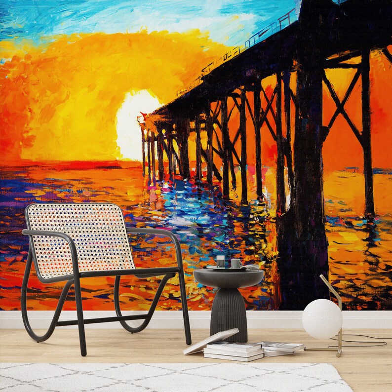 Buy Dock and Sunset Wall Paper, Sunset Wall Decor, Sea Landscape Art